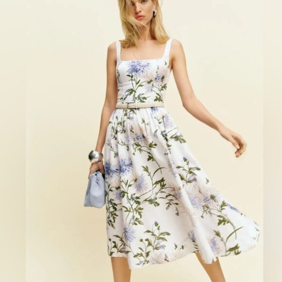 NEW Reformation Janu Midi Linen Dress Serenity White Blue Floral | US 0 / UK 4 - Picture 1 of 15